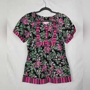 Koi Kathy Peterson Medical Scrub Top Christmas Poinsettia Holly Floral sz M